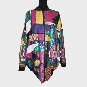 Vintage Gunit Jacket Womens XL Multi Color Sequin Beaded Geometric Bomber 80s